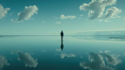 A man stands on a body of water, looking out at the horizon
