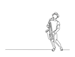 Continuous one line drawing of Saxophonist mucisian. Saxophone player single line art vector illustration. Editable vector.