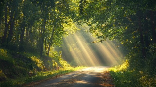 Sunlight rays streaming through the canopy of trees along a serene forest road - Powered by Adobe