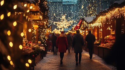 Christmas market experience, people stroll amidst twinkling lights and festive delights