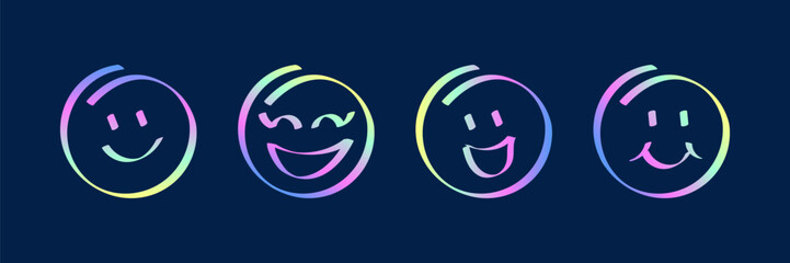 Smile icons neon gradient. Cartoon character, positive face emotions. Vector illusration on black background