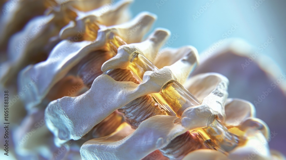 Poster A close-up image of a human spine with the spinal cord running through the middle. The vertebrae are visible, and the intricate detail of the bones and connective tissue is apparent.