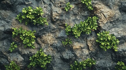 Fototapeta premium Rocky texture featuring plants complemented by a textured background that enhances the overall visual appeal