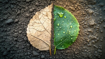 One side of the leaf appears dry and dusty contrasting with the green fresh side that has water droplets The left represents a barren landscape while the right showcases a serene water body