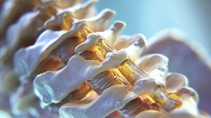 A close-up image of a human spine with the spinal cord running through the middle. The vertebrae are visible, and the intricate detail of the bones and connective tissue is apparent.