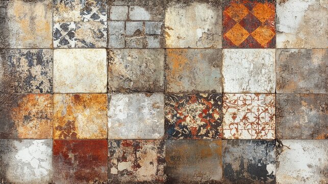 Vintage patchwork motif tiles featuring an old worn and rusty texture on a stone and concrete wall background