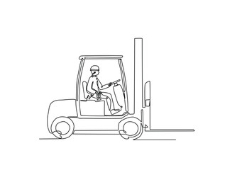 Continuous one line drawing of worker driving forklift. Forklift truck single line art vector illustration. Editable vector.