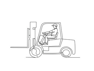 Continuous one line drawing of worker driving forklift. Forklift truck single line art vector illustration. Editable vector.