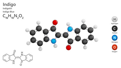 Molecule: Indigo. Natural dye. Molecular structure. Formula: C16H10N2O2. Chemical model: Ball and stick. White background. 3D illustration.