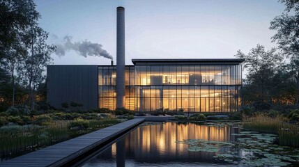 Fototapeta premium Modern factory building with glass facade, smokestack, and landscaped surroundings at dusk 