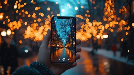 A Hand Holding a Smartphone Capturing a Nighttime Street Scene with Christmas Lights