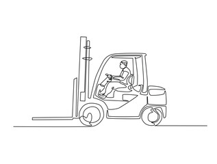 Continuous one line drawing of worker driving forklift. Forklift truck single line art vector illustration. Editable vector.