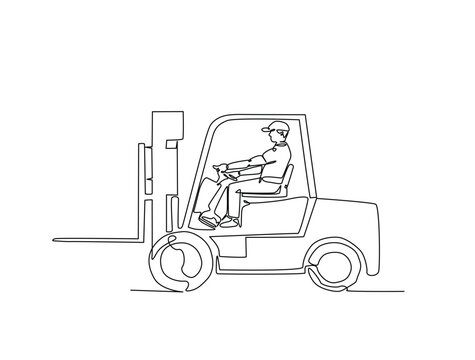 recommend clip art: Continuous one line drawing of worker driving forklift. Forklift truck single line art vector illustration. Editable vector.