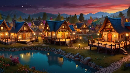 A picturesque village nestled in a mountain valley at twilight