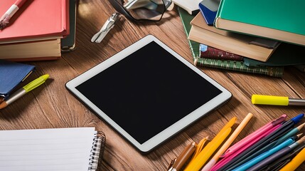 Tablet screen mockup on a wooden desk with blank screen, surrounded by study materials for educational content