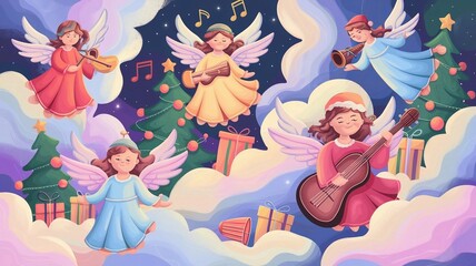 Christmas Angels in Soft Pastels Floating Amidst Dreamy Clouds for Festive Designs