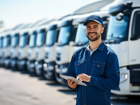 Fleet management worker in blue uniform holding digital tablet in hands, standing against of cargo trucks.