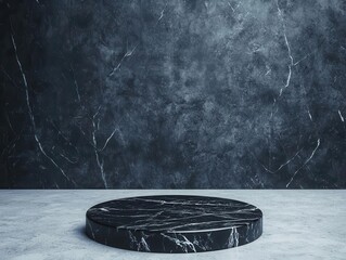 Round black marble podium with silver accents, dimly lit with cool tones, luxury aesthetic