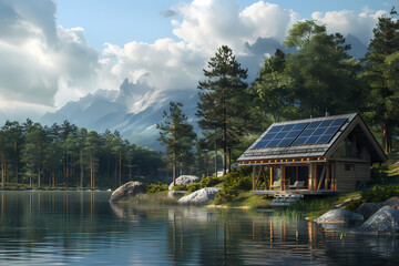 Fototapeta premium A beautiful wooden cabin with solar panels by a serene lake, surrounded by lush trees and majestic mountains in the background.
