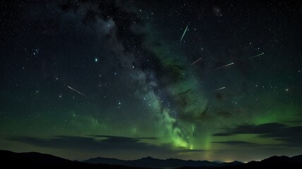 A vibrant green aurora borealis illuminates the night sky, with a swirling pattern of light against a backdrop of stars and a distant mountain range.