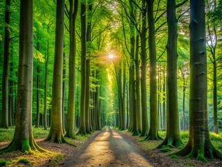 Fototapeta premium Majestic Tall Trees in a Lush Forest Setting - Perfect for Nature and Product Photography