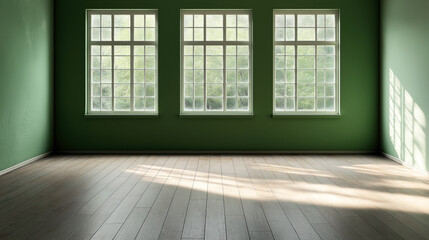Empty room with green walls and large windows allowing sunlight to cast shadows on wood floor.