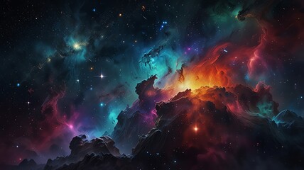 A vibrant nebula with swirling clouds of red, blue, and purple gas, illuminating a field of twinkling stars. The cosmic landscape is an awe-inspiring display of celestial beauty.