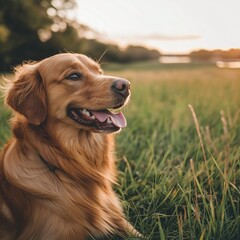 Obraz premium A golden retriever sits contentedly in a sunlit meadow, radiating happiness and companionship in nature's embrace.