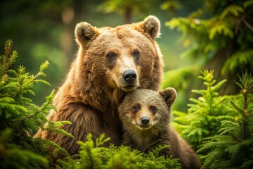 Obraz premium Mama Bear Illustration with Cub in Nature - Heartwarming Family Bonding Scene for Stock Imagery