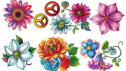 A collection of cartoon-style flowers with peace signs Isolated on a transparent background