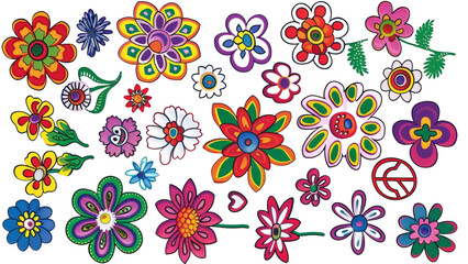 A collection of cartoon-style flowers with peace signs Isolated on a transparent background