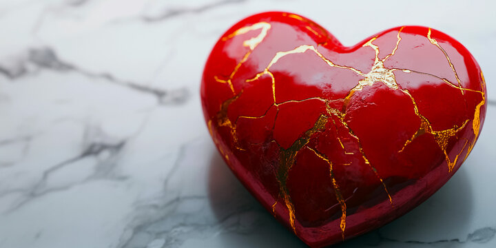 kintsugi style red heart on white marble background.valentine's day concept.copy space