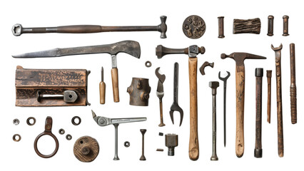 A collection of vintage tools symbolizing hard work Isolated on a transparent background