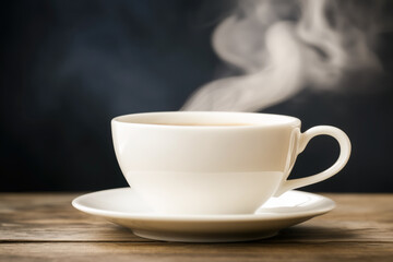 Fototapeta premium Steaming coffee cup on wooden table evoking comfort