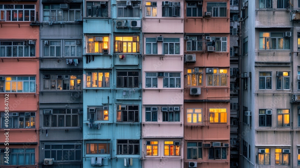 Poster a close-up view of colorful apartment buildings in hong kong