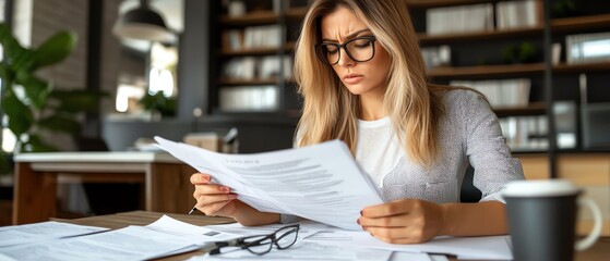 A concerned woman analyzes documents at a table, surrounded by papers and a coffee cup, highlighting a moment of intense focus in a workspace.