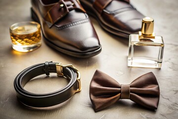 Men's Accessories and Groom's Essentials on a White Table - Elegant Businessman Clothing Details