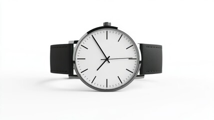 Silver Wristwatch with Black Leather Strap on White Background