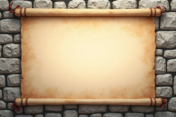 An ancient paper sheet stretched horizontally, hanging on the stone wall of a medieval castle