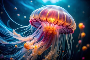 Naklejka premium Mesmerizing Jellyfish in Deep Ocean Waters - Macro Photography of Underwater Life