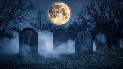 Eerie graveyard scene under a mist-covered full moon capturing haunting atmosphere