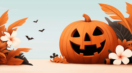 Illustration of a carved pumpkin with a Halloween theme, surrounded by tropical flowers and leaves, with bats flying in the sky.