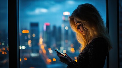 Naklejka premium Silhouette of blonde woman using smartphone next to window with cityscape view