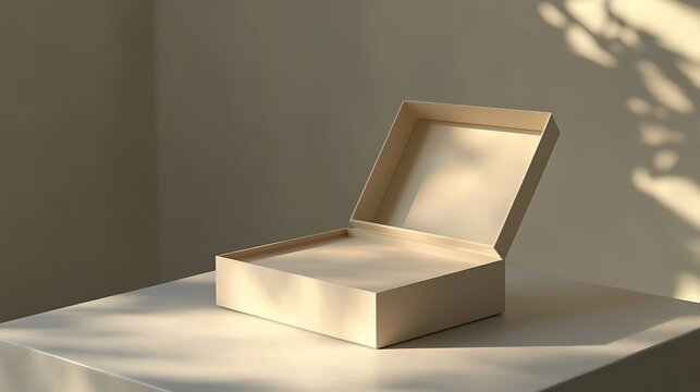 Square box mockup with open lid, styled on a minimalist table with light falling from one side
