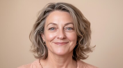 Fototapeta premium Portrait of a confident middle-aged woman with a warm smile on a neutral background radiating positivity and self-assurance in everyday life