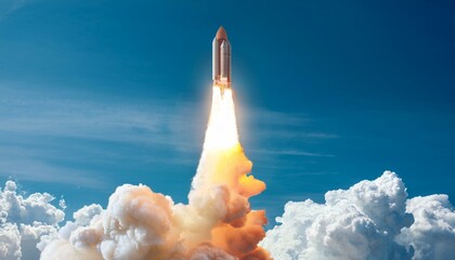 Rocket Launching Into the Sky with Smoke and Fire on a Cloudy Background.