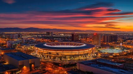 Illuminated Stadium and Cityscape at Sunset