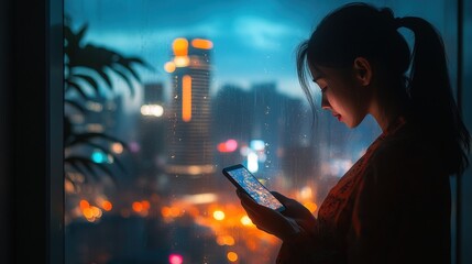 Silhouette of asian woman using smartphone next to window with cityscape view 