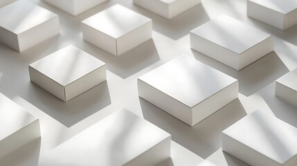 Flat lay of multiple mockup boxes in various sizes, arranged on a light surface for an organized packaging display