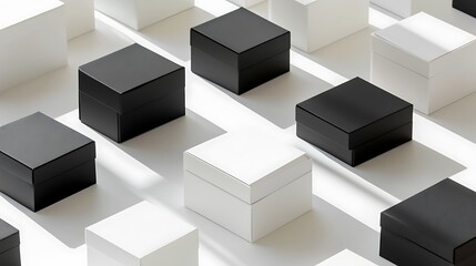 Flat lay of multiple mockup boxes in various sizes, arranged on a light surface for an organized packaging display